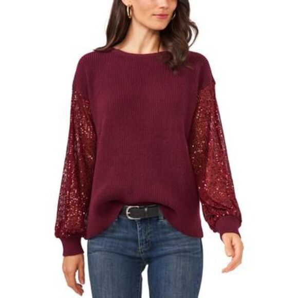 Vince Camuto Sequin-sleeve Sweater In Dark Wine L (New no Tag) - Picture 1 of 1
